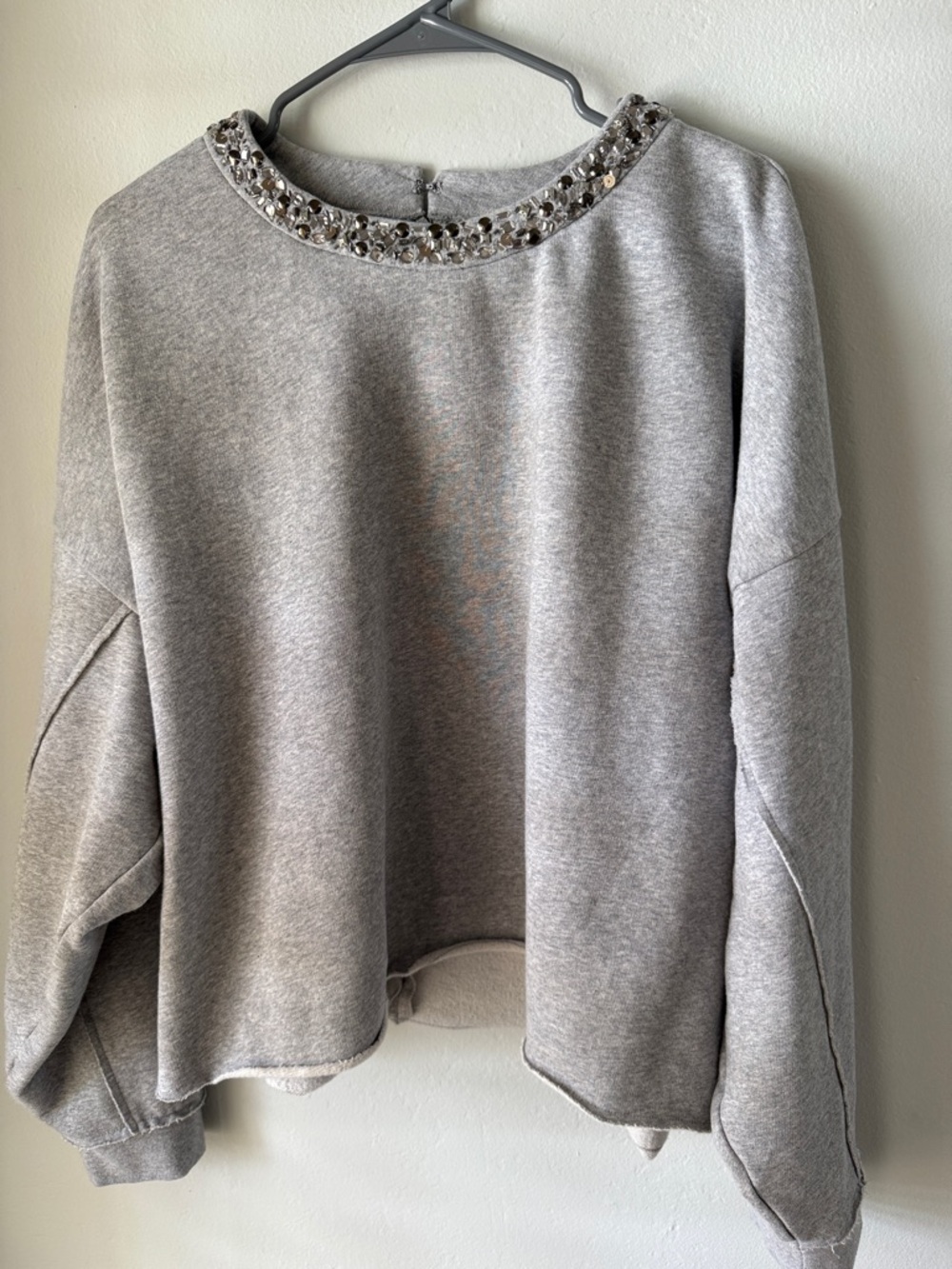 Lucky Brand embellished neckline swingy sweatshirt with back zip and raw hem - Picture 3 of 7
